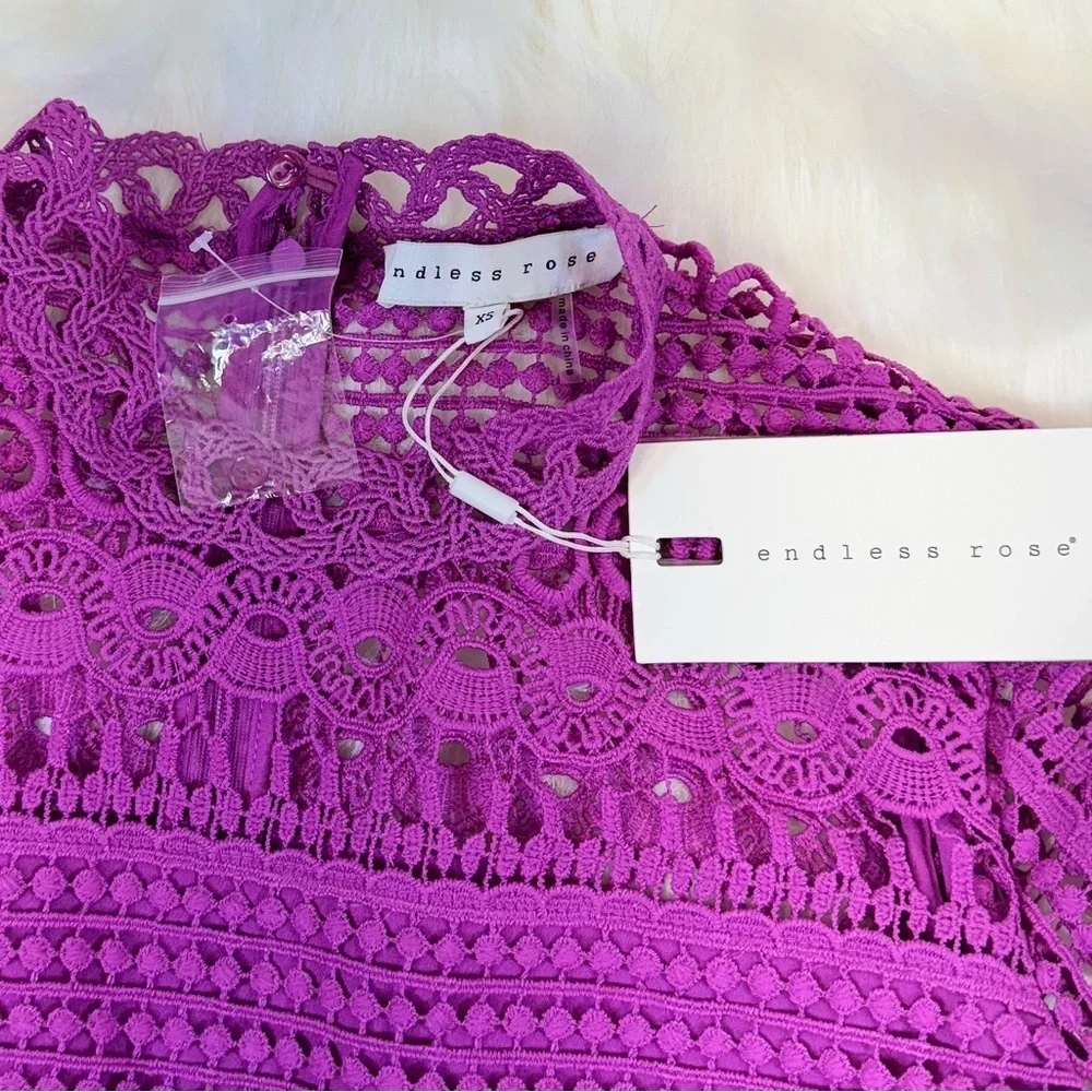 NWT Endless Rose Women's Purple Ornate Lace Long Sleeve Mini Dress Size: XS